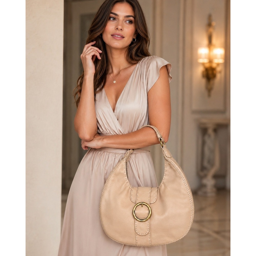 Donald J Pliner Beige Pebbled Leather Whipstitch Hobo Shoulder Bag Brass Ring